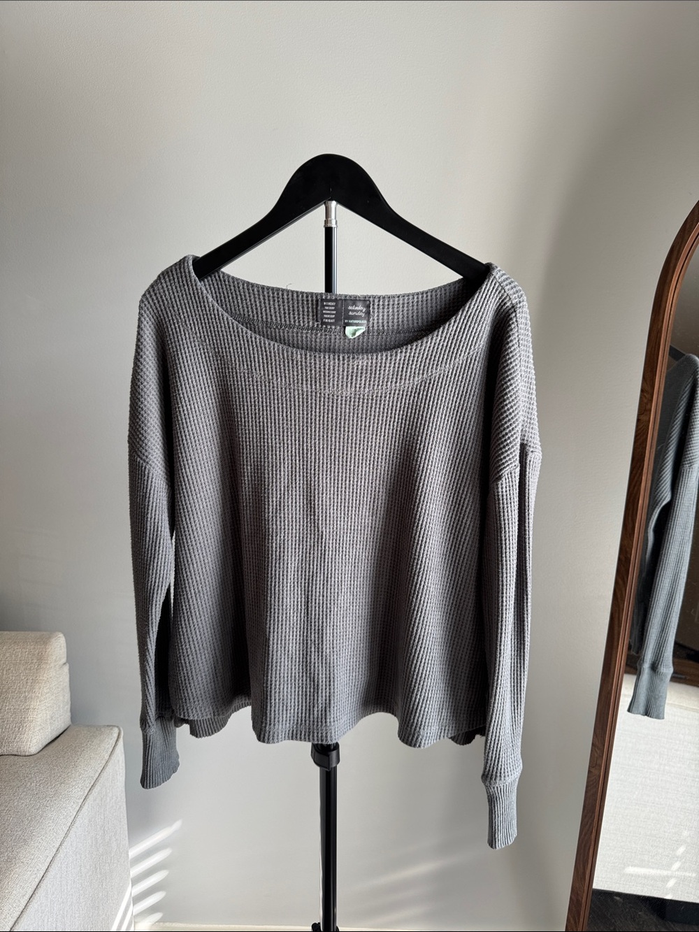 Gray Anthro Waffle-Knit Long-Sleeve Sweater